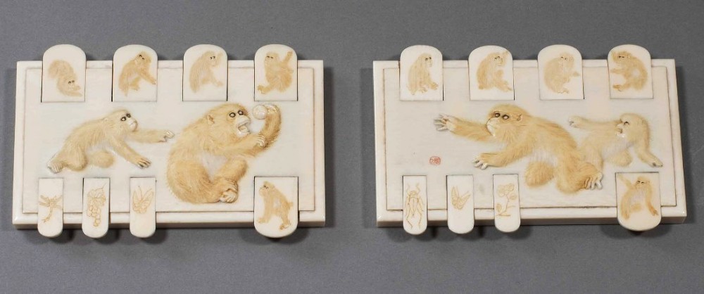 fine quality pair of japanese ivory beziquegames markers depicting monkeys - CATEGORY: ANTIQUE MISCELLANEOUS - DATED 1900