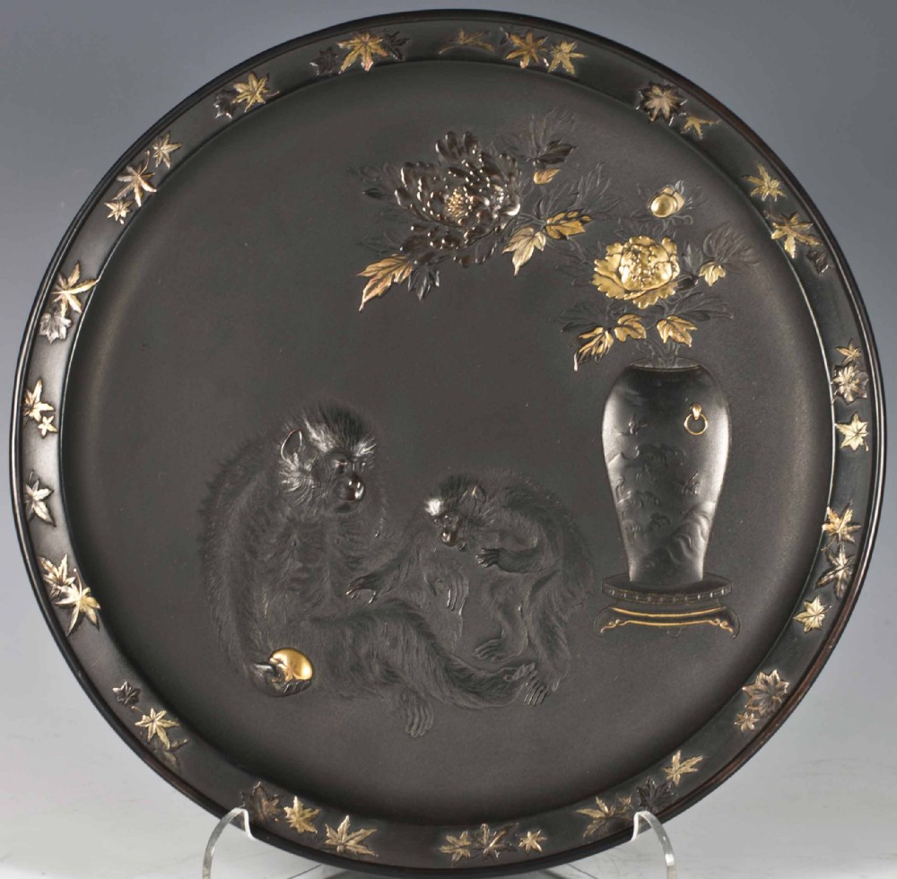 OUTSTANDING QUALITY JAPANESE MIXED METAL MONKEY PLATE -ISSHUNKEN SEIJU View II