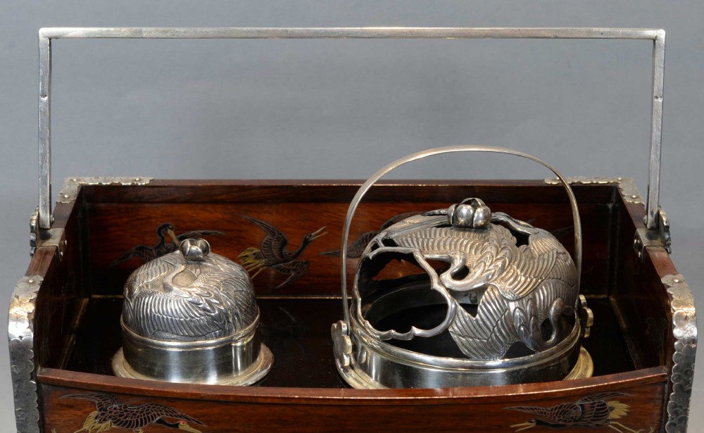 UNUSUAL JAPANESE SILVER MOUNTED SHIBAYAMA & LACQUER SMOKERS TOBACCO BOX View VII