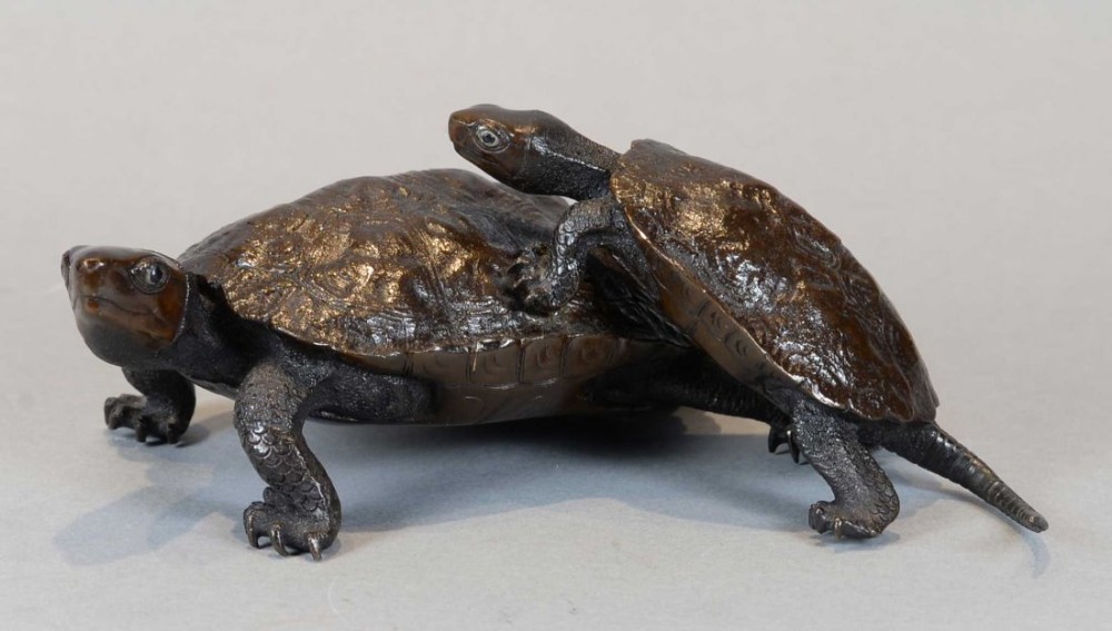 humorous japanese signed bronze terrapin okimono - CATEGORY: ANTIQUE SCULPTURES - DATED 1900
