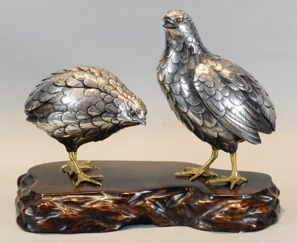 a charming japanese silvered bronze quail okimono by hidenao - CATEGORY: ANTIQUE SCULPTURES - DATED 1890