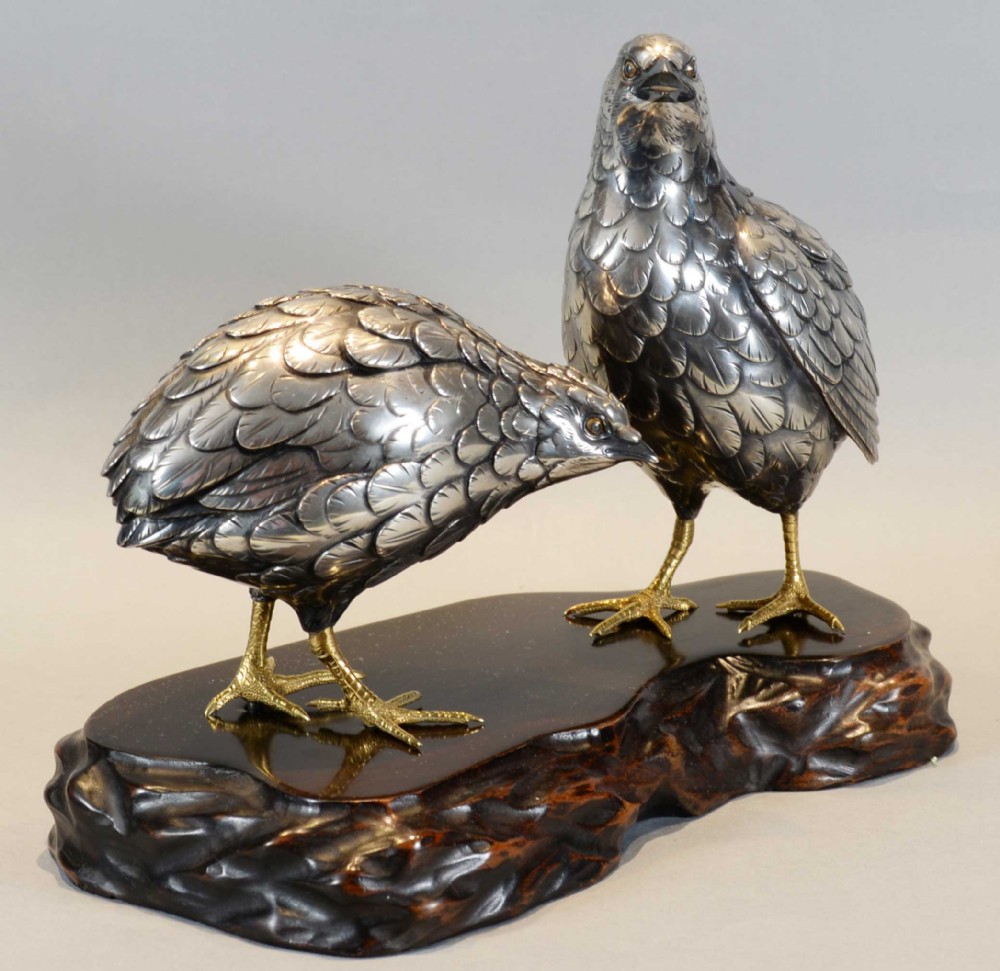 A CHARMING JAPANESE SILVERED BRONZE QUAIL OKIMONO BY HIDENAO View II