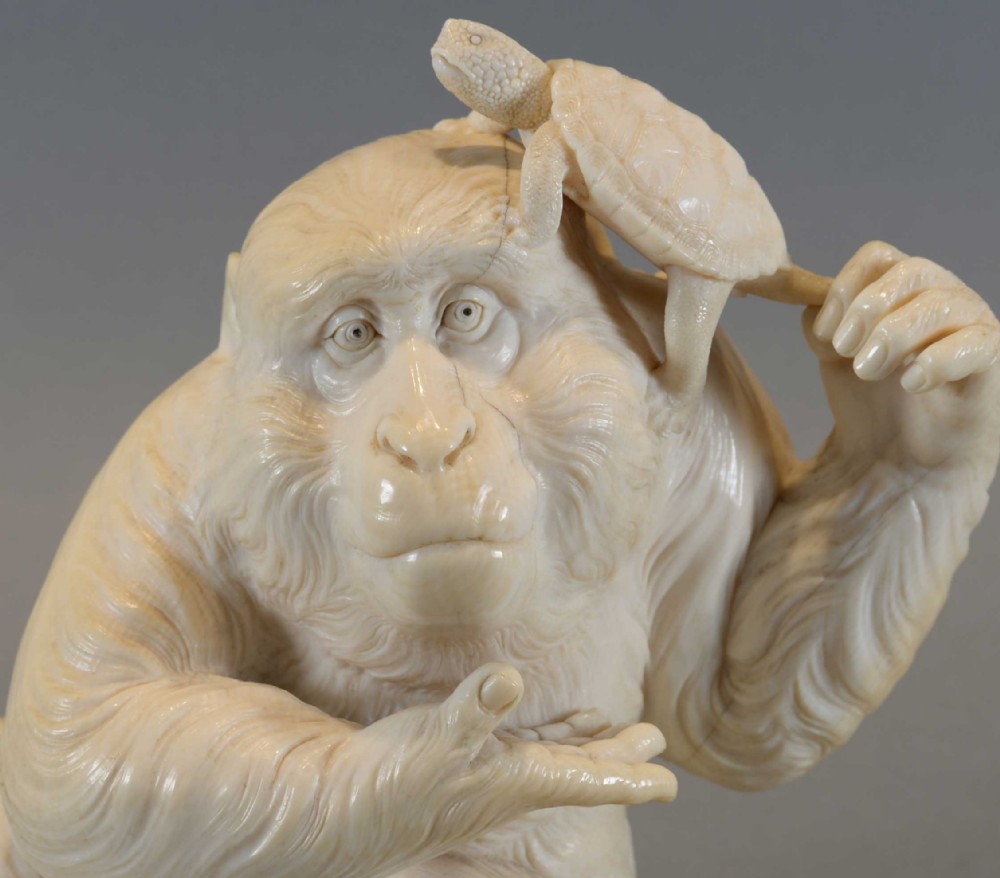 A STUNNING QUALITY JAPANESE IVORY OKIMONO OF AN APE SIGNED MORINO KORIN View X