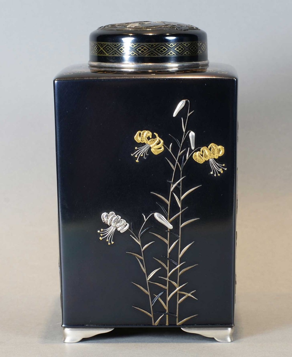 A RARE AND HIGH QUALITY JAPANESE SHAKUDO & MIXED METAL TEA CANISTER (CADDY) BY NOGAWA View II