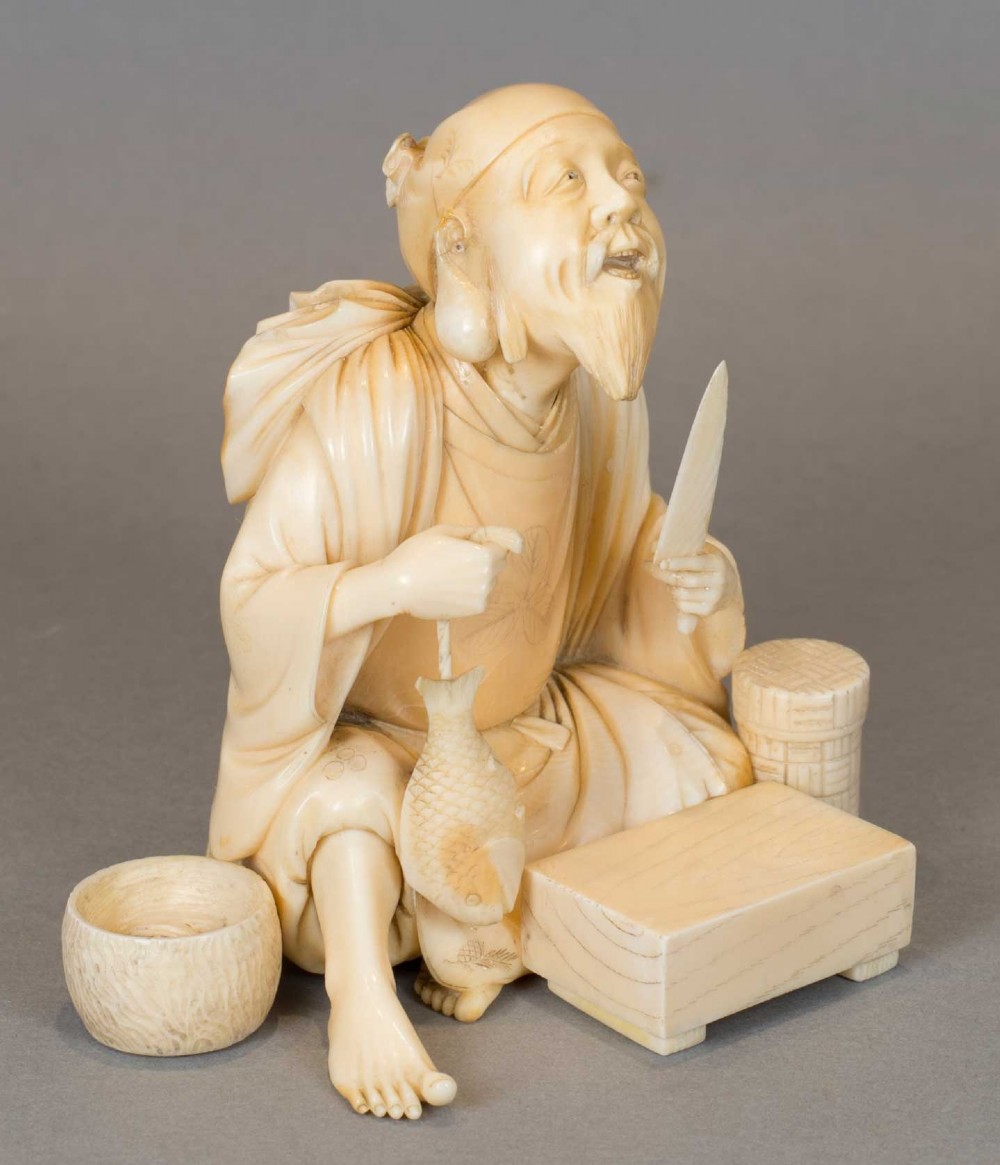 JAPANESE IVORY OKIMONO OF EBISU - THE LUCKY GOD OF PROSPERITY AND WEALTH View II