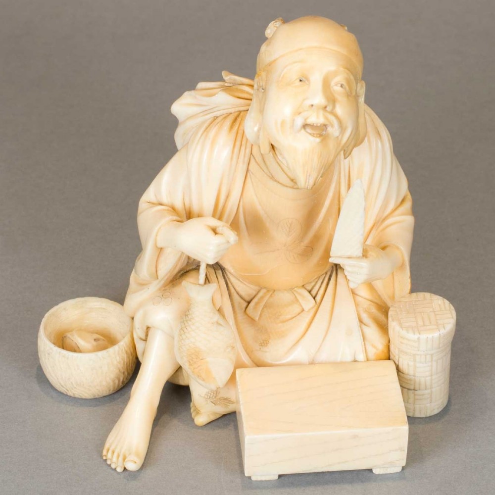 JAPANESE IVORY OKIMONO OF EBISU - THE LUCKY GOD OF PROSPERITY AND WEALTH View VII