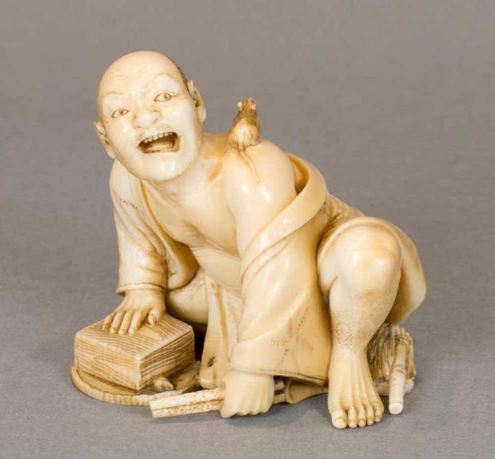 a fine quality japanese meiji period ivory okimono of a thwarted rat catcher - CATEGORY: ANTIQUE MISCELLANEOUS - DATED 1890