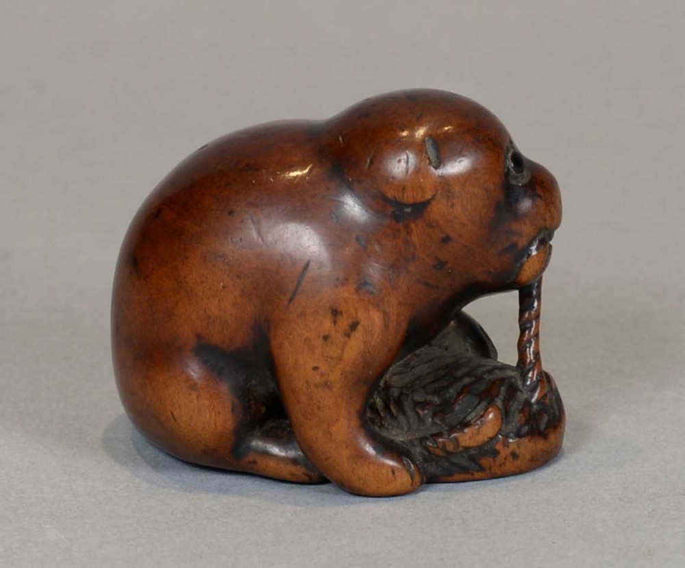 A DELIGHTFUL EDO PERIOD BOXWOOD NETSUKE OF AN AKITA PUPPY HOLDING AN ABALONE-SHELL TOY View IV