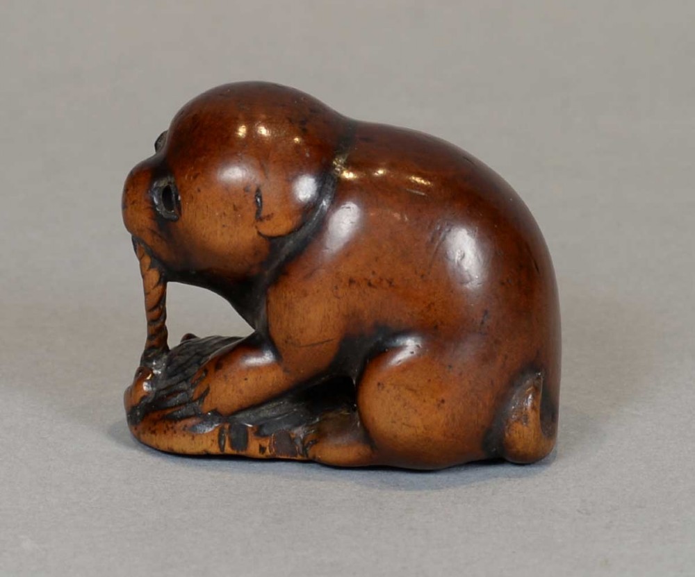 A DELIGHTFUL EDO PERIOD BOXWOOD NETSUKE OF AN AKITA PUPPY HOLDING AN ABALONE-SHELL TOY View VIII
