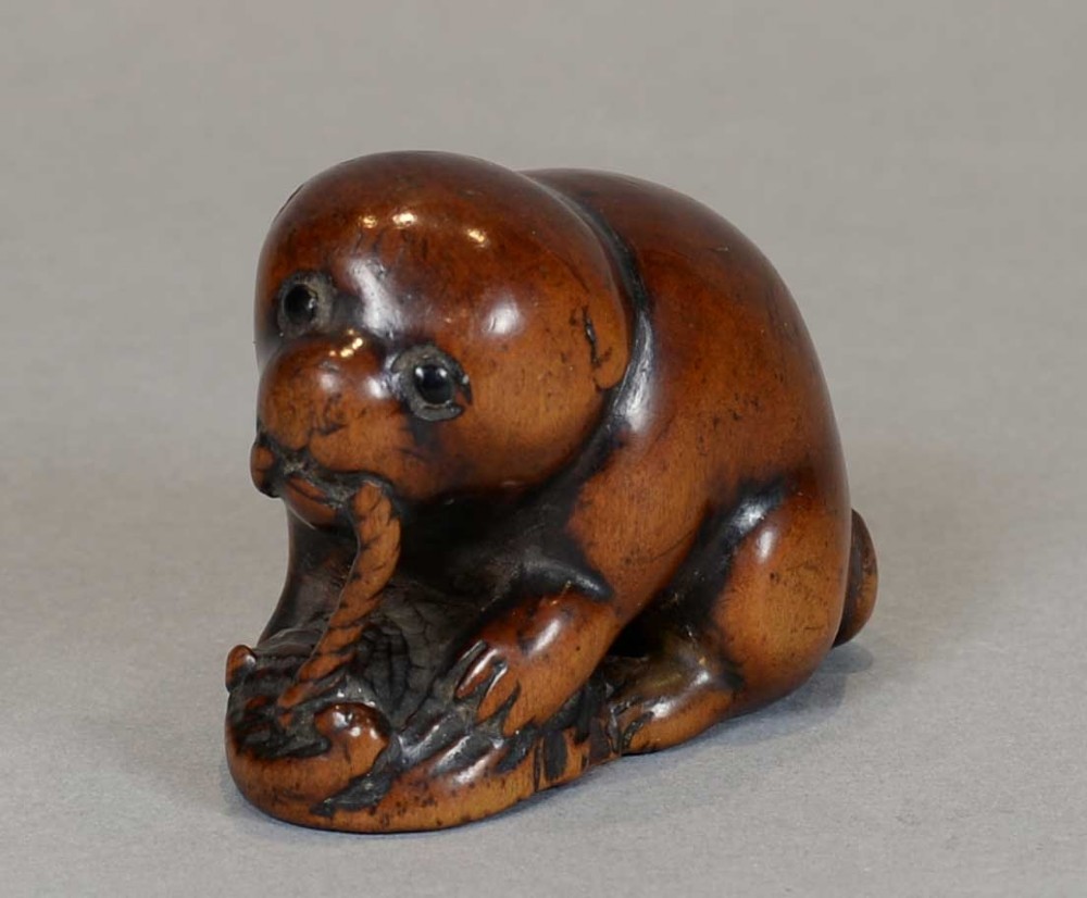 A DELIGHTFUL EDO PERIOD BOXWOOD NETSUKE OF AN AKITA PUPPY HOLDING AN ABALONE-SHELL TOY View IX