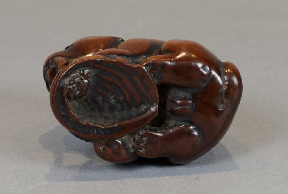 A DELIGHTFUL EDO PERIOD BOXWOOD NETSUKE OF AN AKITA PUPPY HOLDING AN ABALONE-SHELL TOY View X