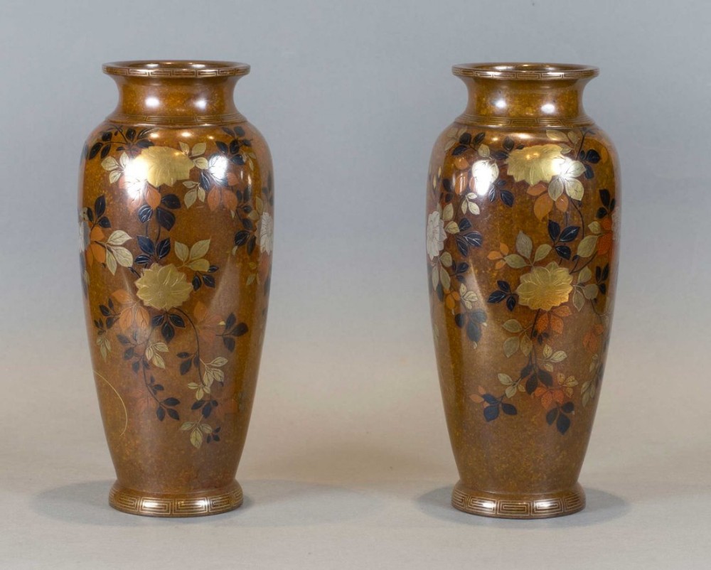 a decorative pair of japanese inlaid mixed metal vases by nogawa company - CATEGORY: ANTIQUE VASES - DATED 1900