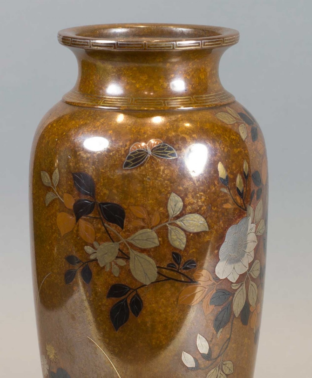 A DECORATIVE PAIR OF JAPANESE INLAID MIXED METAL VASES BY NOGAWA COMPANY View VI