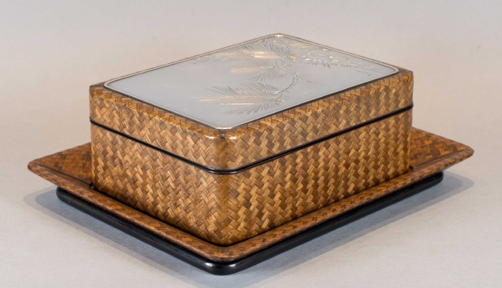 A JAPANESE SILVER MOUNTED AND BASKET WEAVE TRINKET BOX ON STAND View III