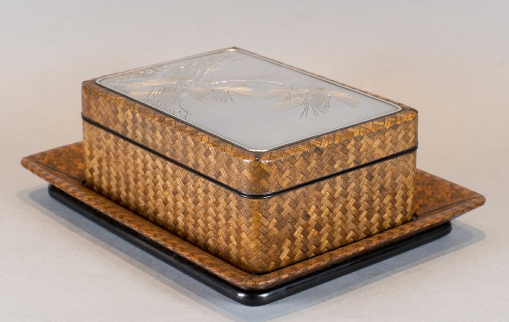 A JAPANESE SILVER MOUNTED AND BASKET WEAVE TRINKET BOX ON STAND View IV