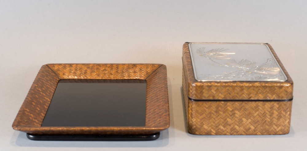 A JAPANESE SILVER MOUNTED AND BASKET WEAVE TRINKET BOX ON STAND View V