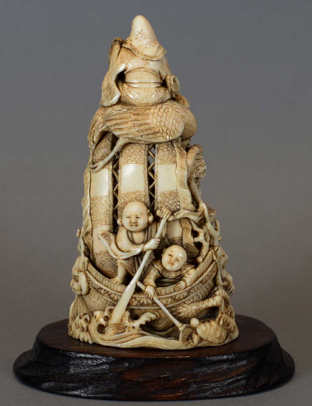 GOOD QUALITY JAPANESE IVORY OKIMONO TAKARABUNE WITH LUCKY GODS BY MASATOSHI View III