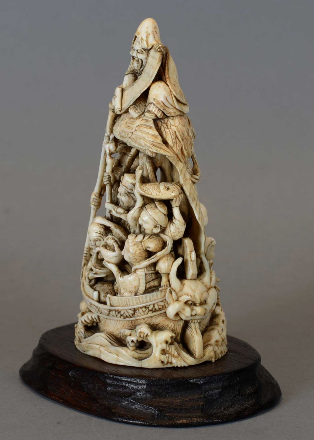 GOOD QUALITY JAPANESE IVORY OKIMONO TAKARABUNE WITH LUCKY GODS BY MASATOSHI View V