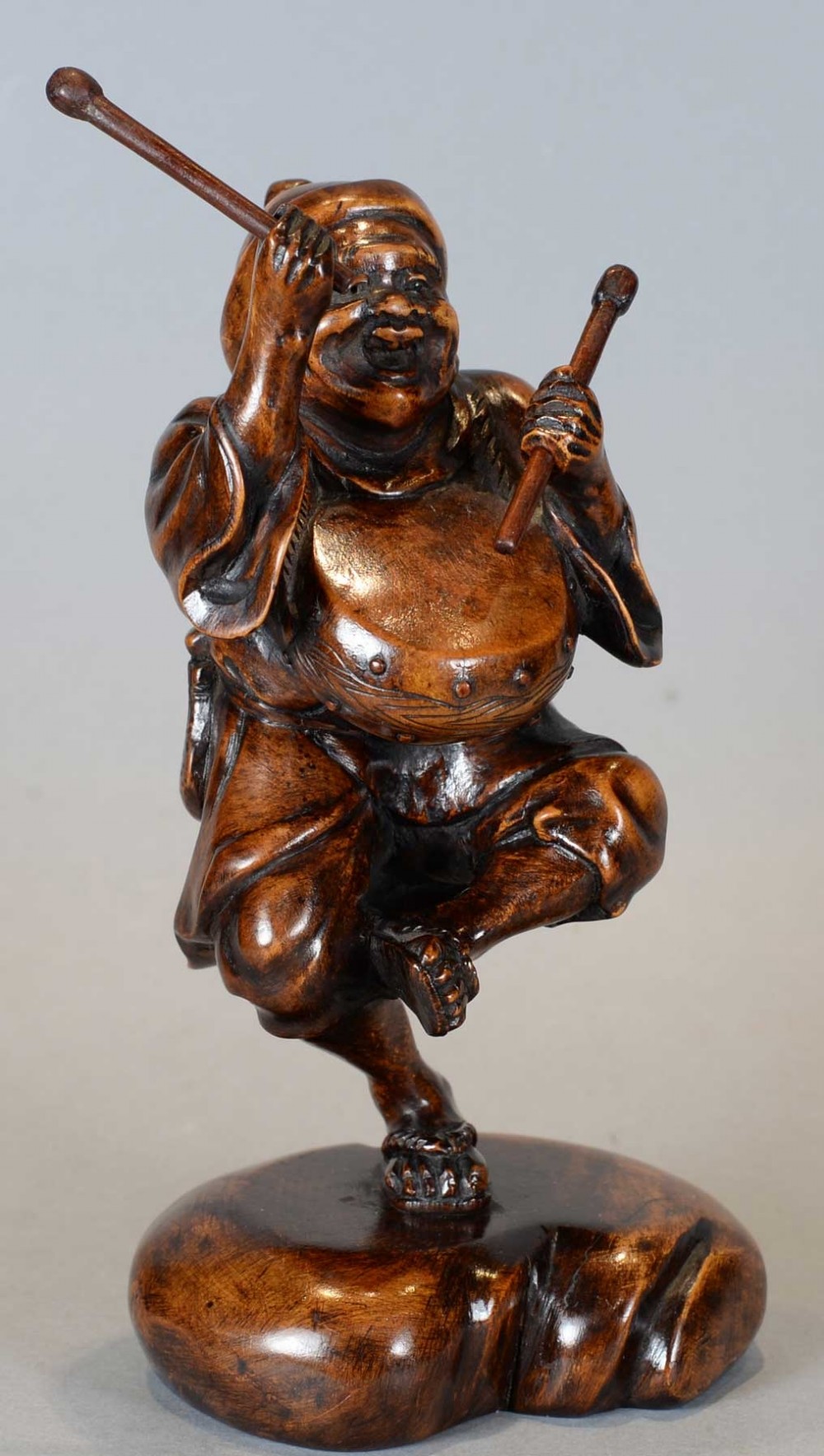 JAPANESE WOODEN OKIMONO OF A DANCING DRUMMER BOY View II