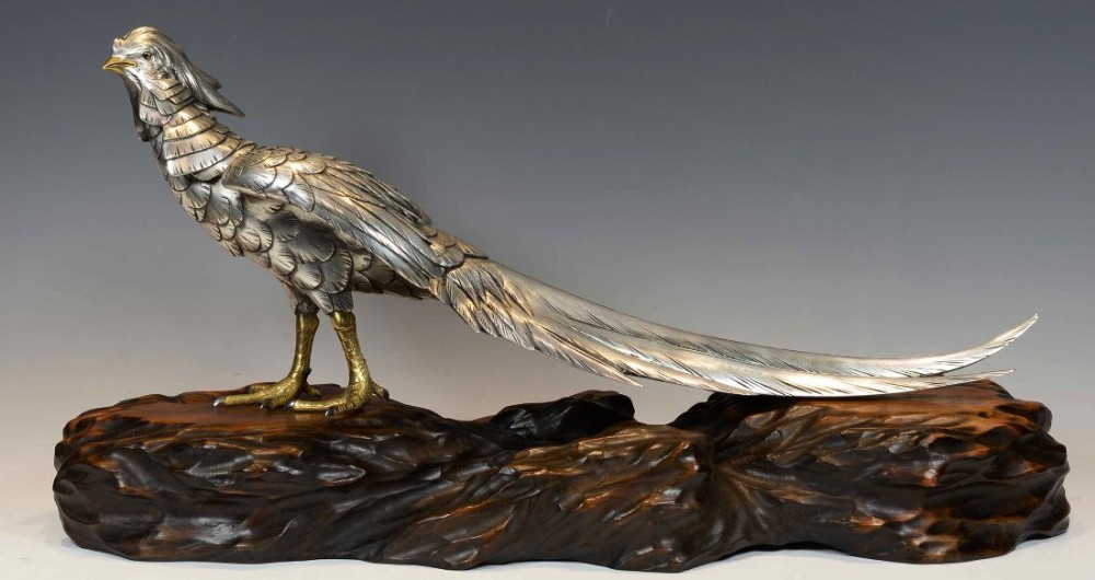 japanese silvered bronze pheasant on naturalistic wooden base by masatsune - CATEGORY: ANTIQUE SCULPTURES - DATED 1890