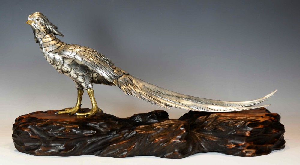 JAPANESE SILVERED BRONZE PHEASANT ON NATURALISTIC WOODEN BASE BY 