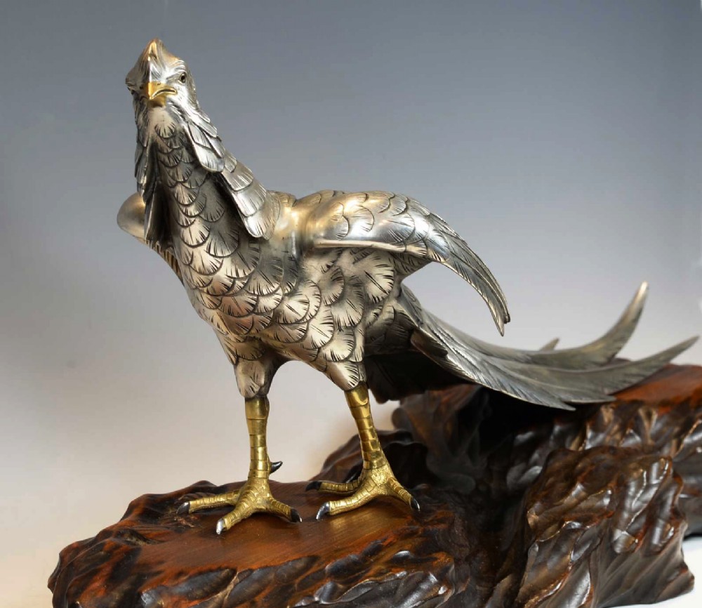JAPANESE SILVERED BRONZE PHEASANT ON NATURALISTIC WOODEN BASE BY 