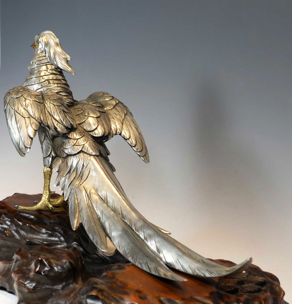 JAPANESE SILVERED BRONZE PHEASANT ON NATURALISTIC WOODEN BASE BY 