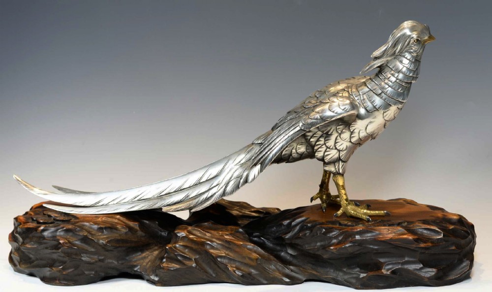 JAPANESE SILVERED BRONZE PHEASANT ON NATURALISTIC WOODEN BASE BY 