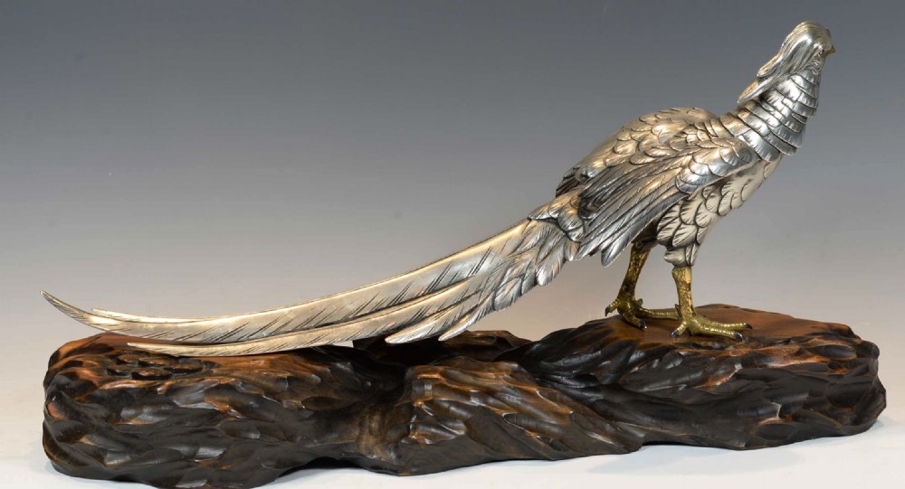 JAPANESE SILVERED BRONZE PHEASANT ON NATURALISTIC WOODEN BASE BY 