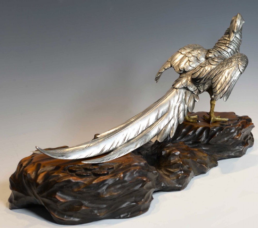 JAPANESE SILVERED BRONZE PHEASANT ON NATURALISTIC WOODEN BASE BY 