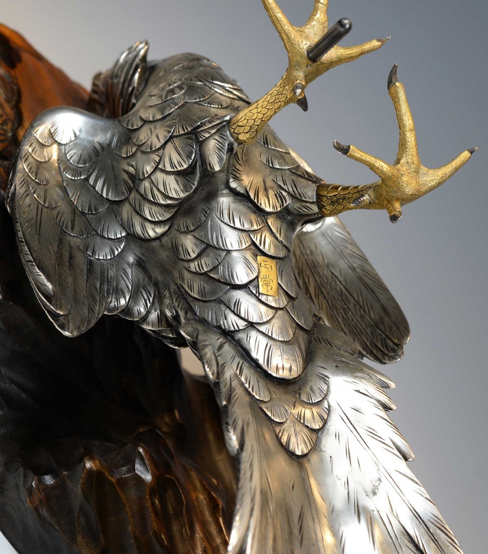 JAPANESE SILVERED BRONZE PHEASANT ON NATURALISTIC WOODEN BASE BY 