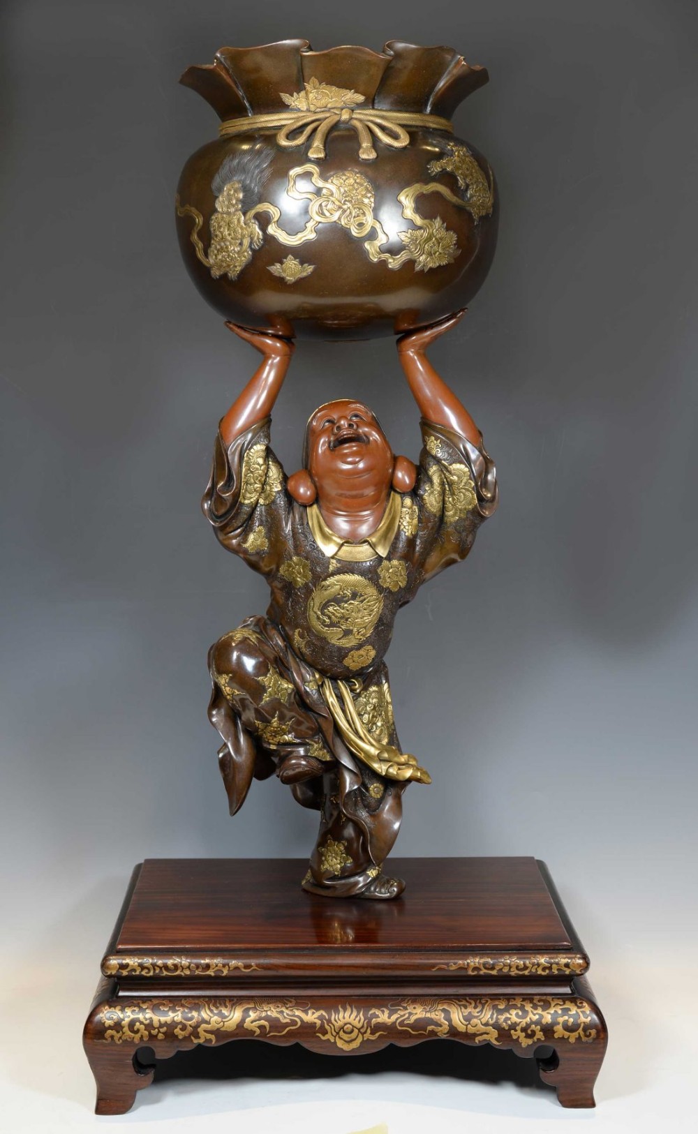 huge japanese gilt bronze okimono of hotei god of good fortune by miyao eisuke - CATEGORY: ANTIQUE METAL - DATED 1890
