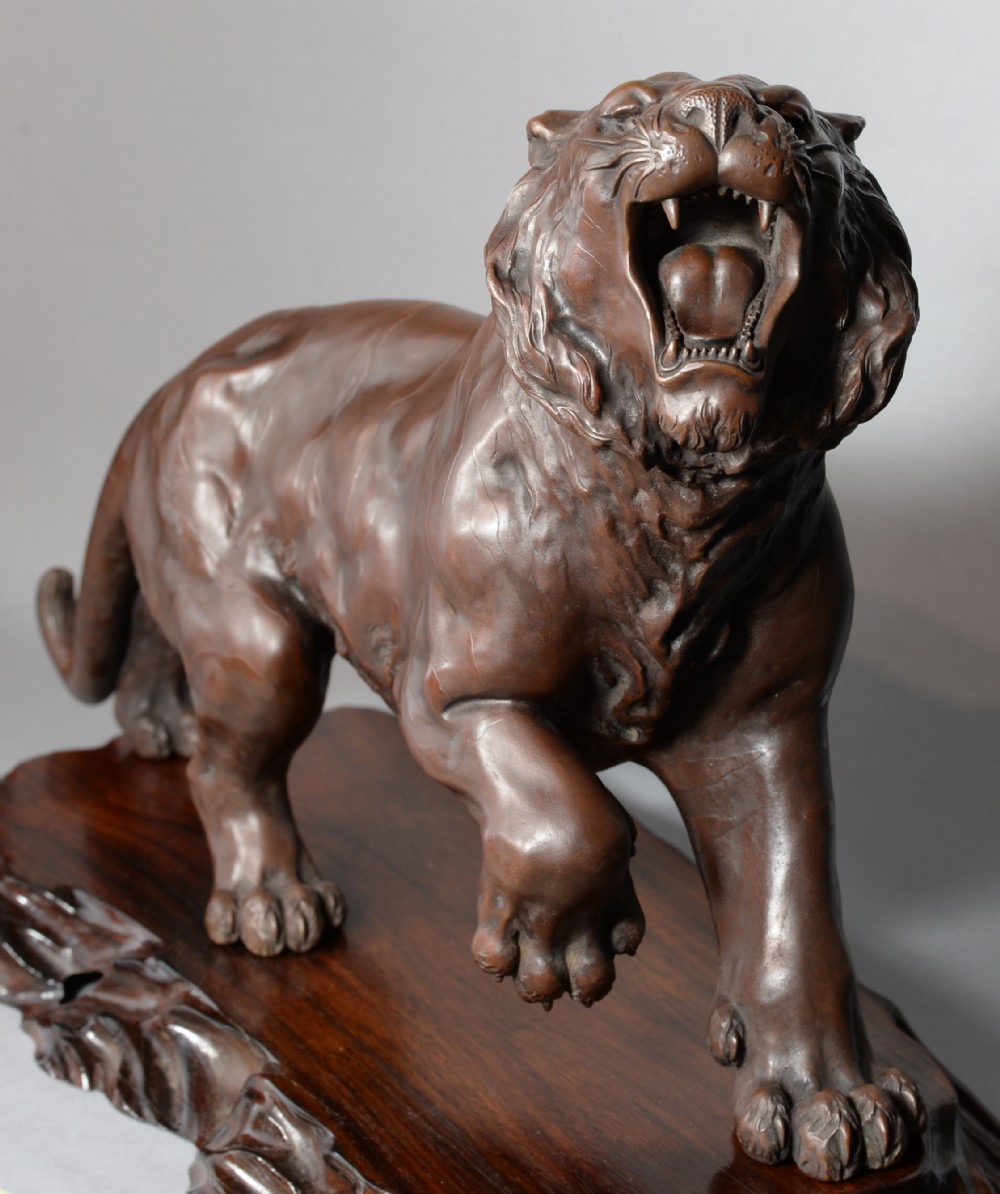 OUTSTANDING QUALITY JAPANESE BRONZE TIGER ON STAND BY THE MARUKI COMPANY View II
