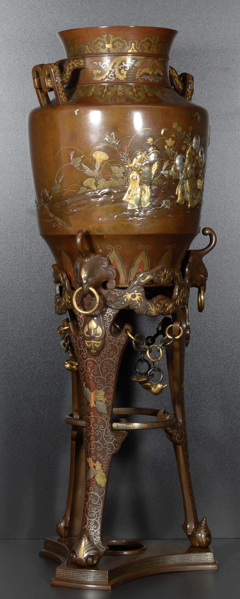 A LARGE JAPANESE MIXED METAL VASE ON STAND DEPICTING BOYS CATCHING CRICKETS View II