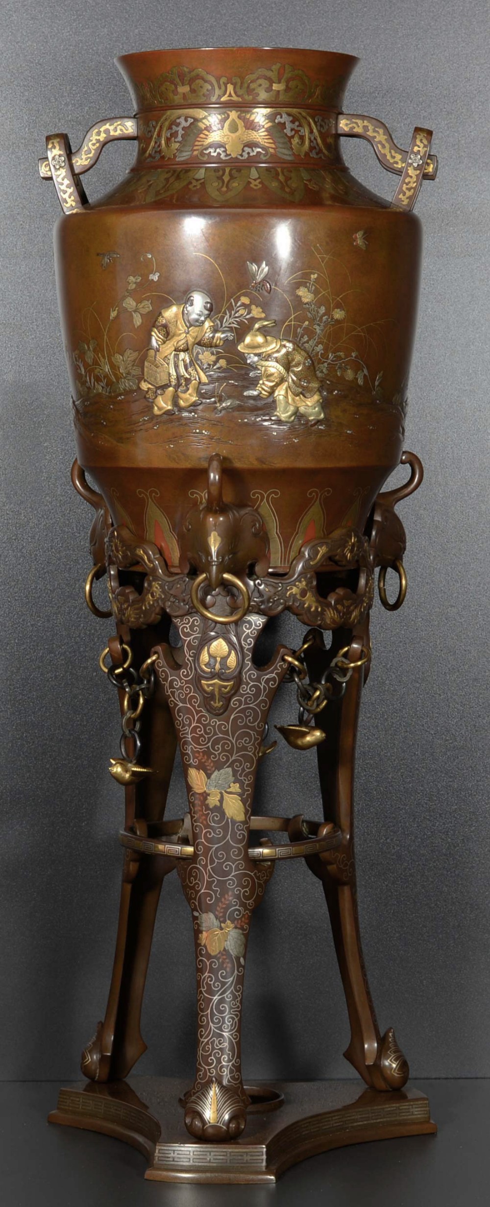 A LARGE JAPANESE MIXED METAL VASE ON STAND DEPICTING BOYS CATCHING CRICKETS View III
