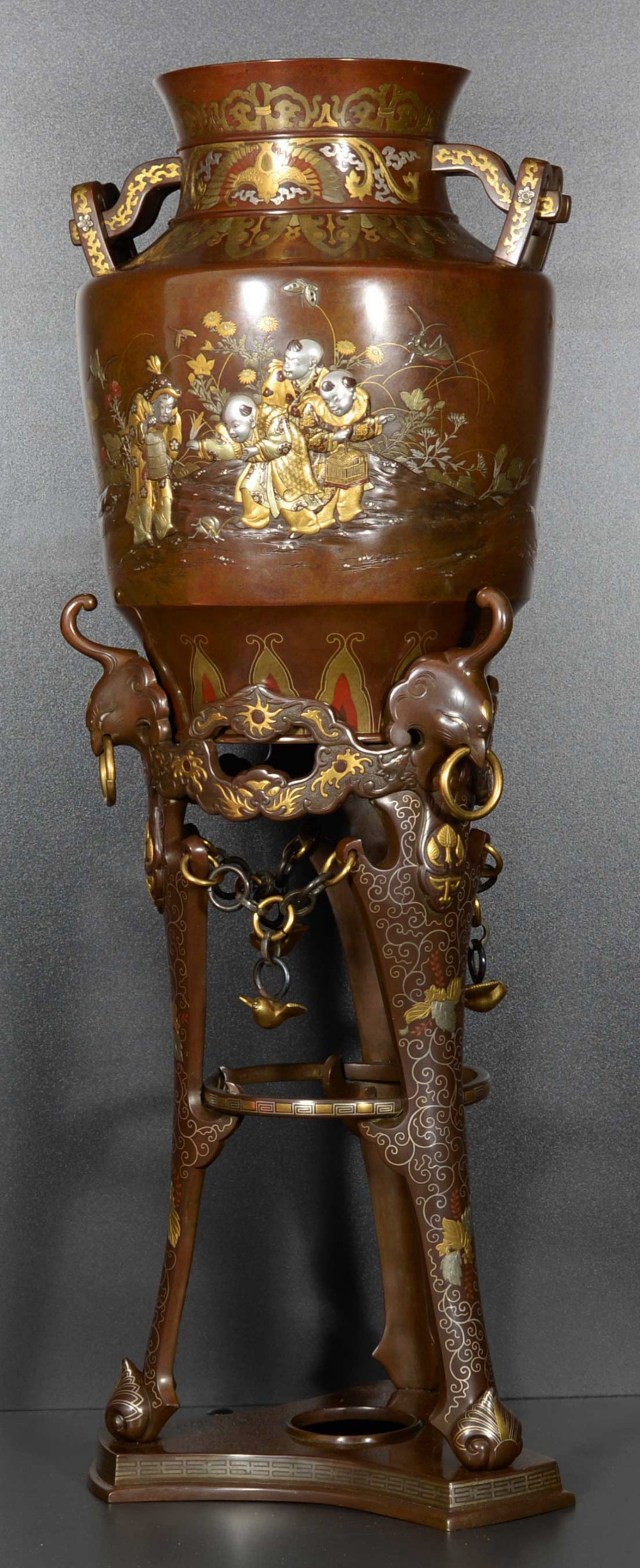 A LARGE JAPANESE MIXED METAL VASE ON STAND DEPICTING BOYS CATCHING CRICKETS View IV