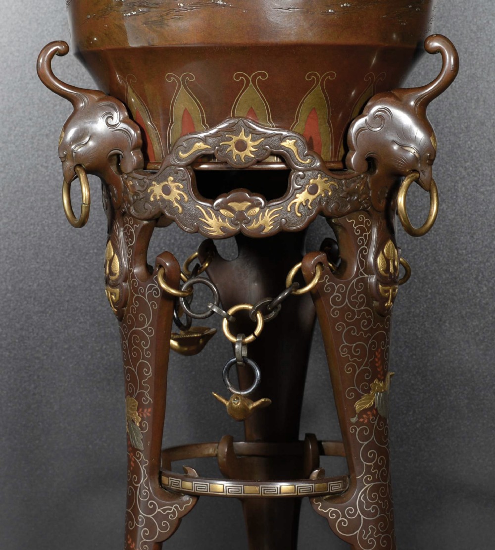 A LARGE JAPANESE MIXED METAL VASE ON STAND DEPICTING BOYS CATCHING CRICKETS View IX