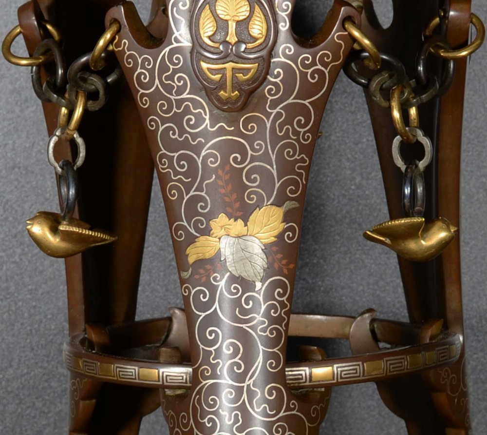A LARGE JAPANESE MIXED METAL VASE ON STAND DEPICTING BOYS CATCHING CRICKETS View XIII