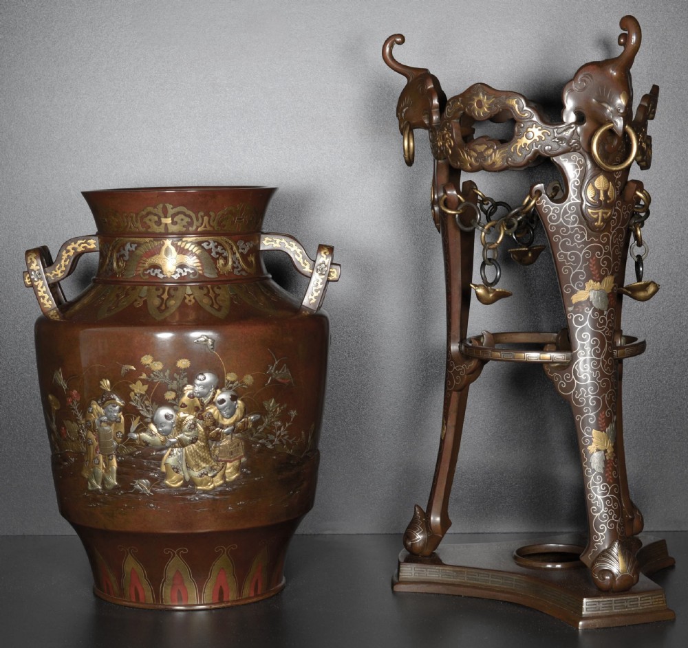 A LARGE JAPANESE MIXED METAL VASE ON STAND DEPICTING BOYS CATCHING CRICKETS View XIV
