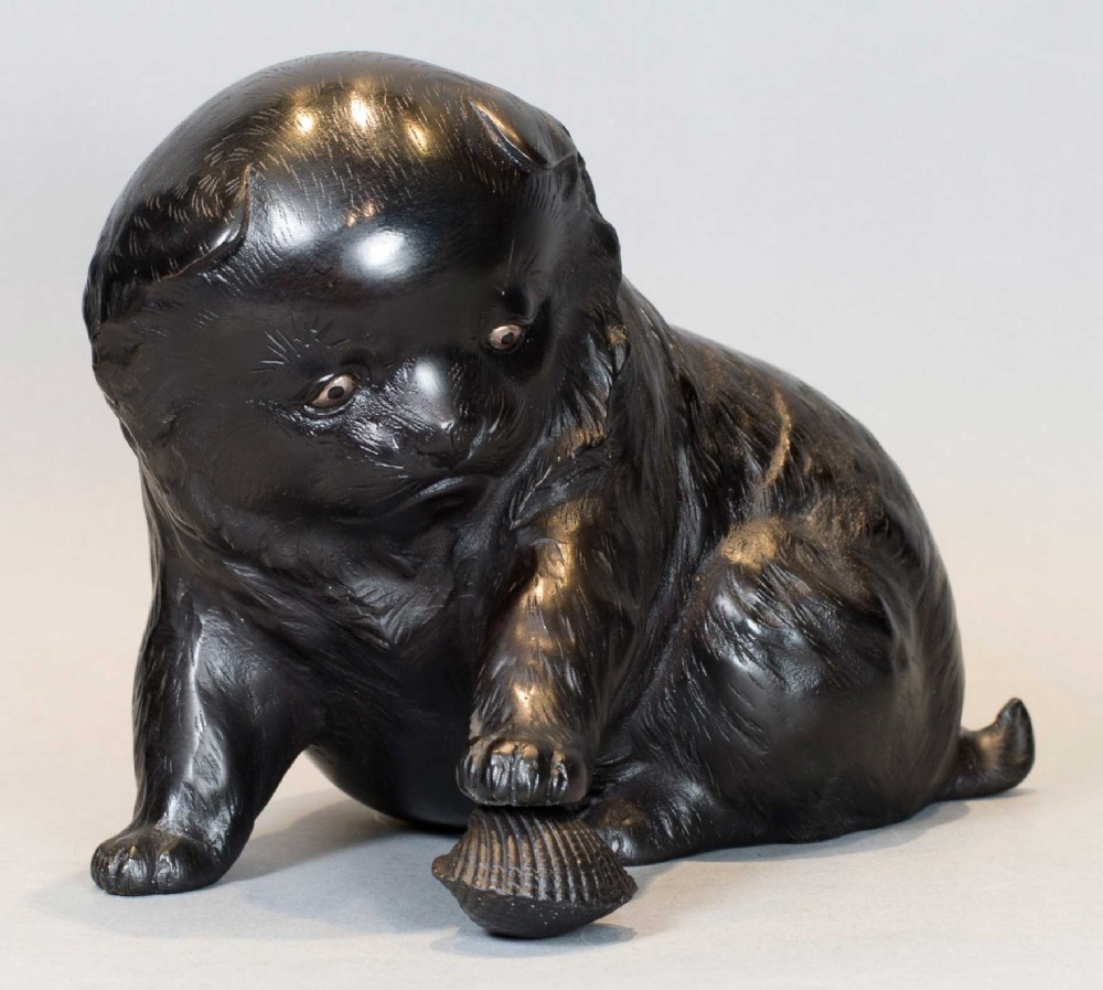 CUTE JAPANESE BRONZE OKIMONO OF AN AKITA PUPPY WITH CLAM SHELL View II