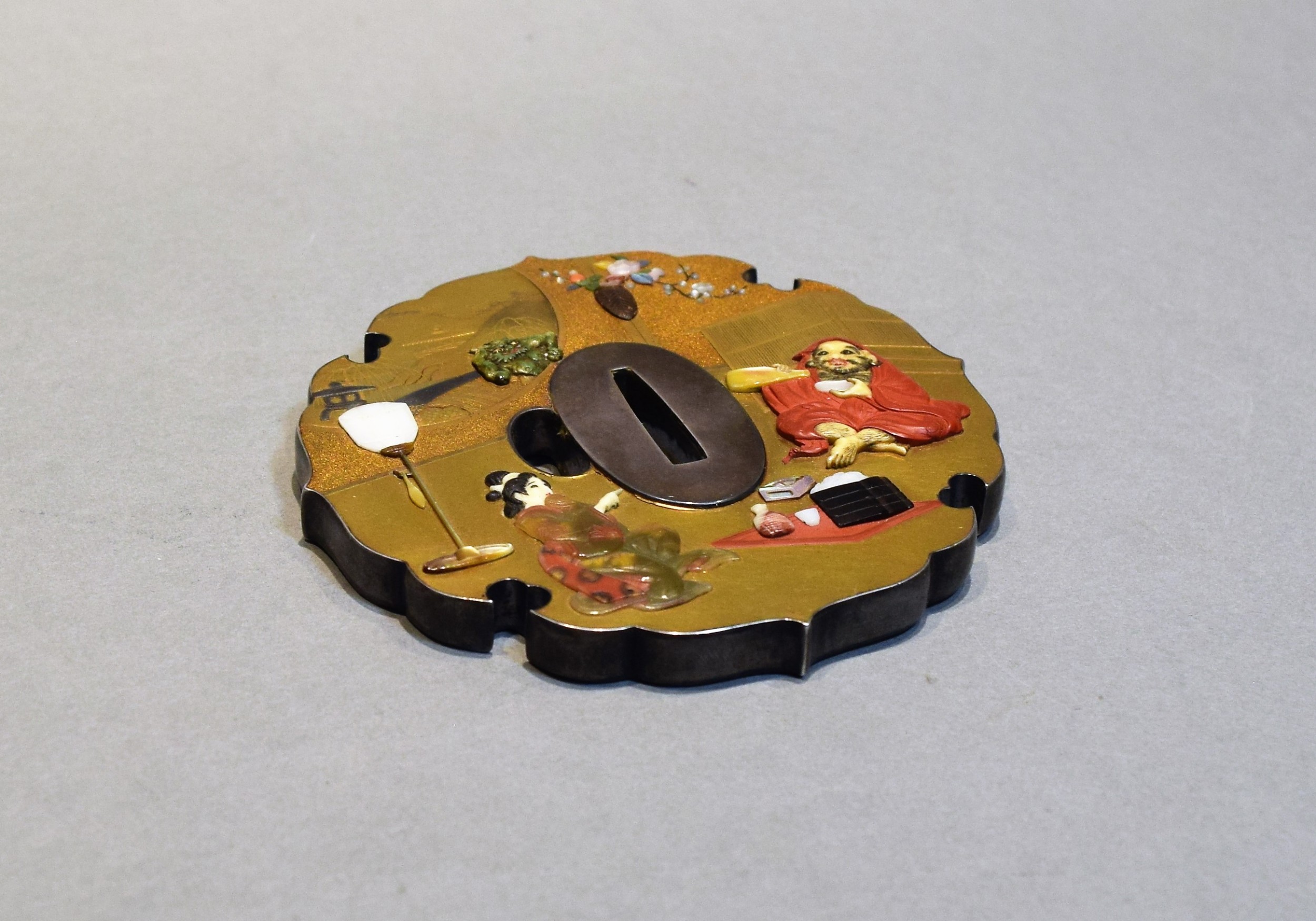 JAPANESE SILVER MOUNTED GOLD LACQUER & SHIBAYAMA TSUBA SIGNED RYOGETSU View III