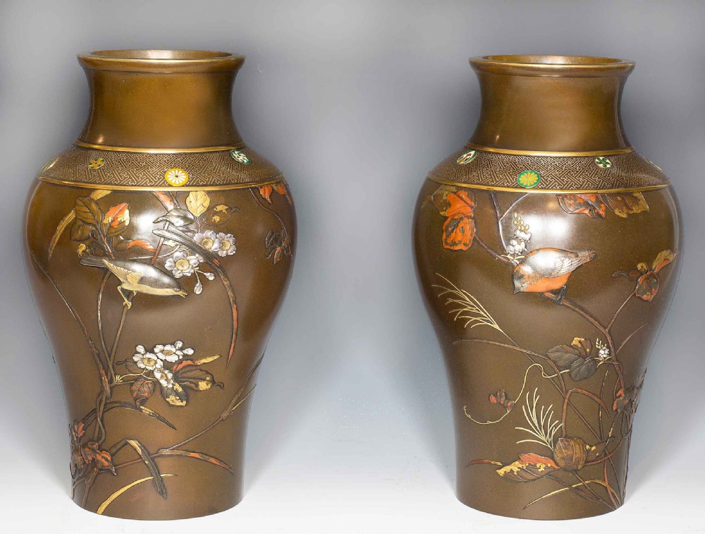 LARGE PAIR OF JAPANESE BRONZE AND MIXED METAL VASES
