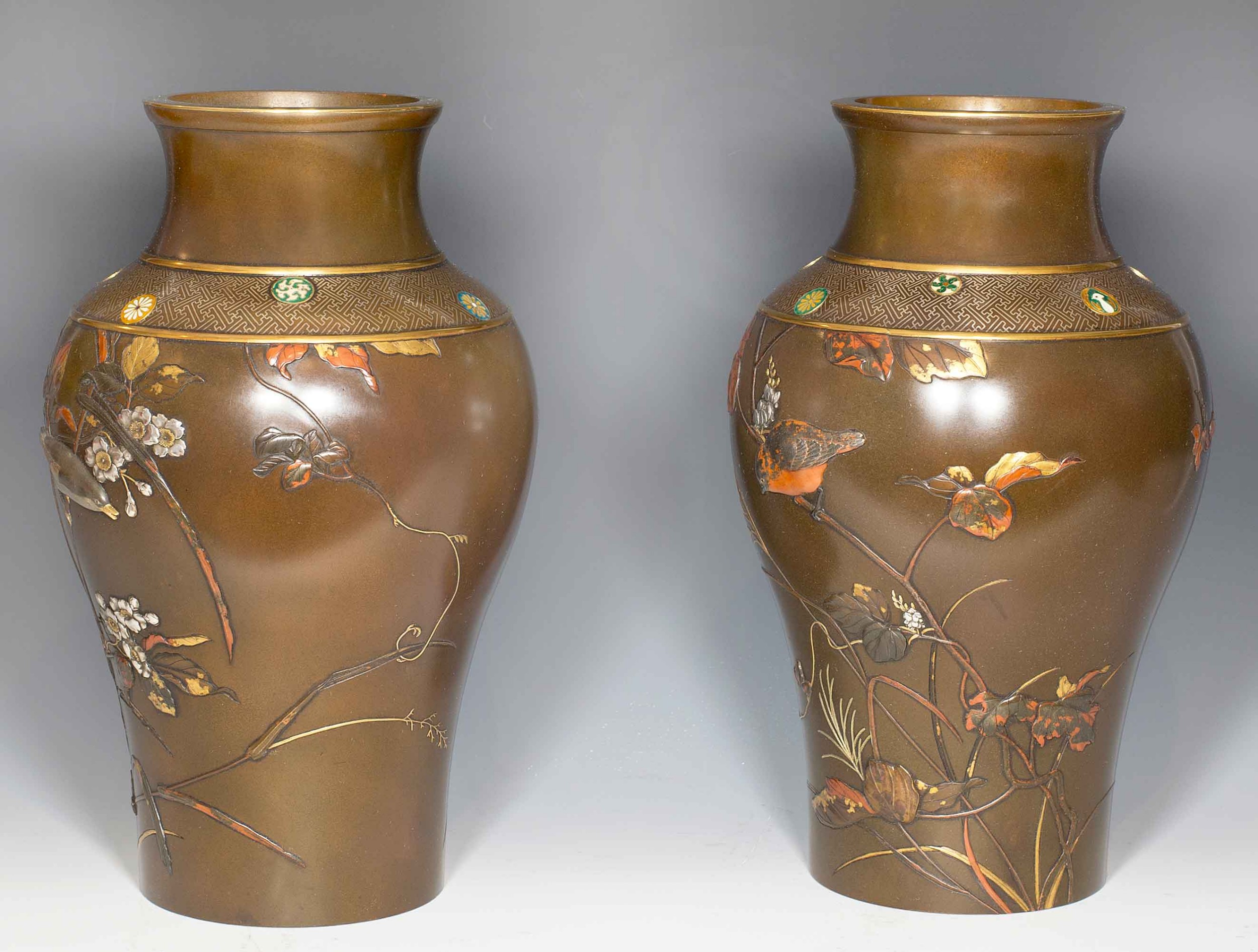 LARGE PAIR OF JAPANESE BRONZE AND MIXED METAL VASES View II