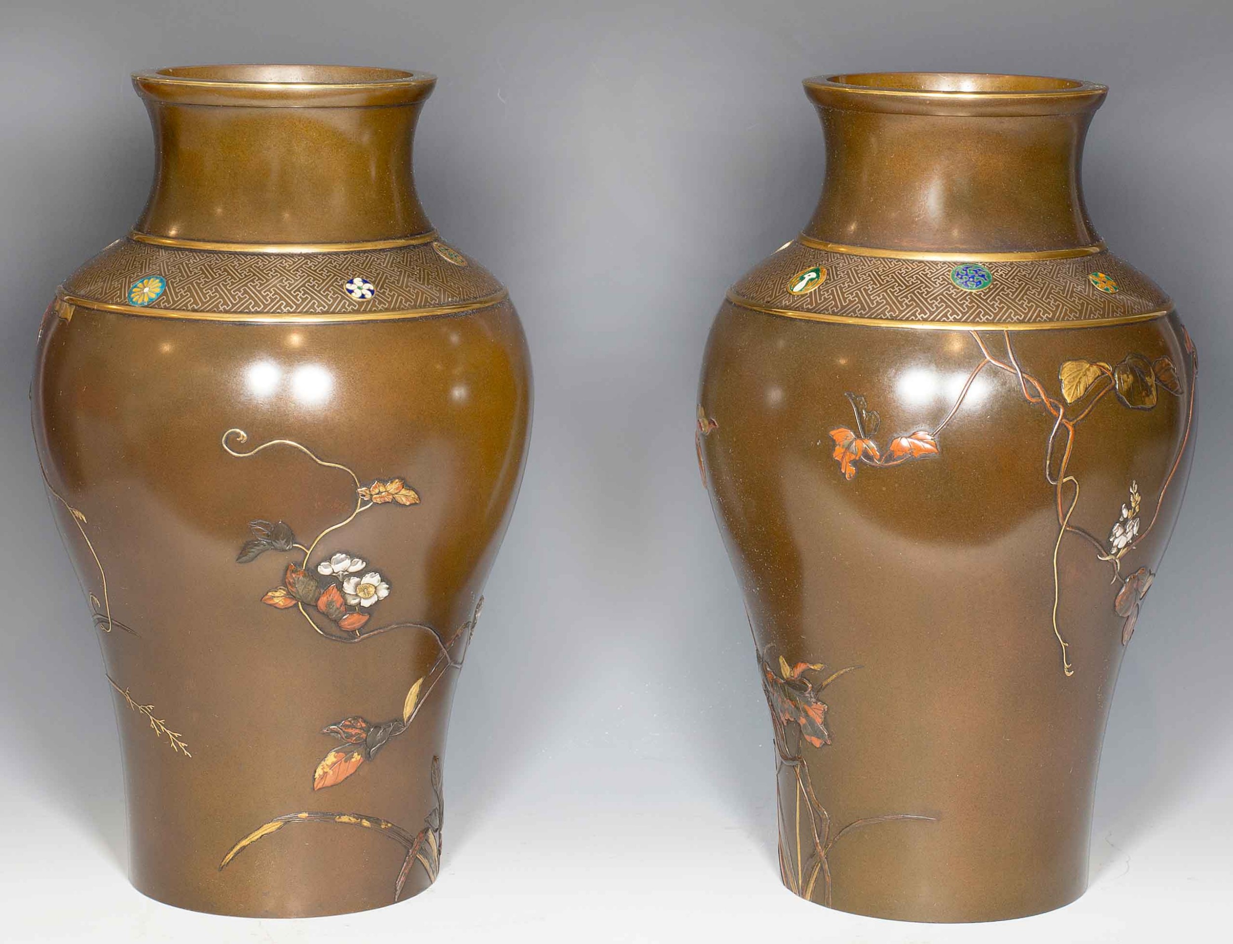LARGE PAIR OF JAPANESE BRONZE AND MIXED METAL VASES View III