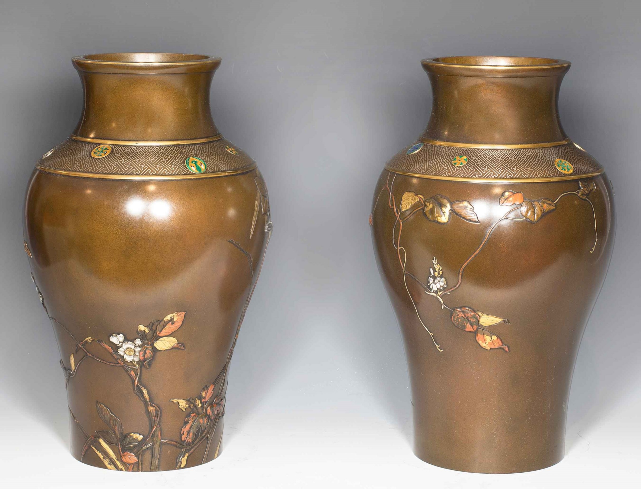 LARGE PAIR OF JAPANESE BRONZE AND MIXED METAL VASES View IV