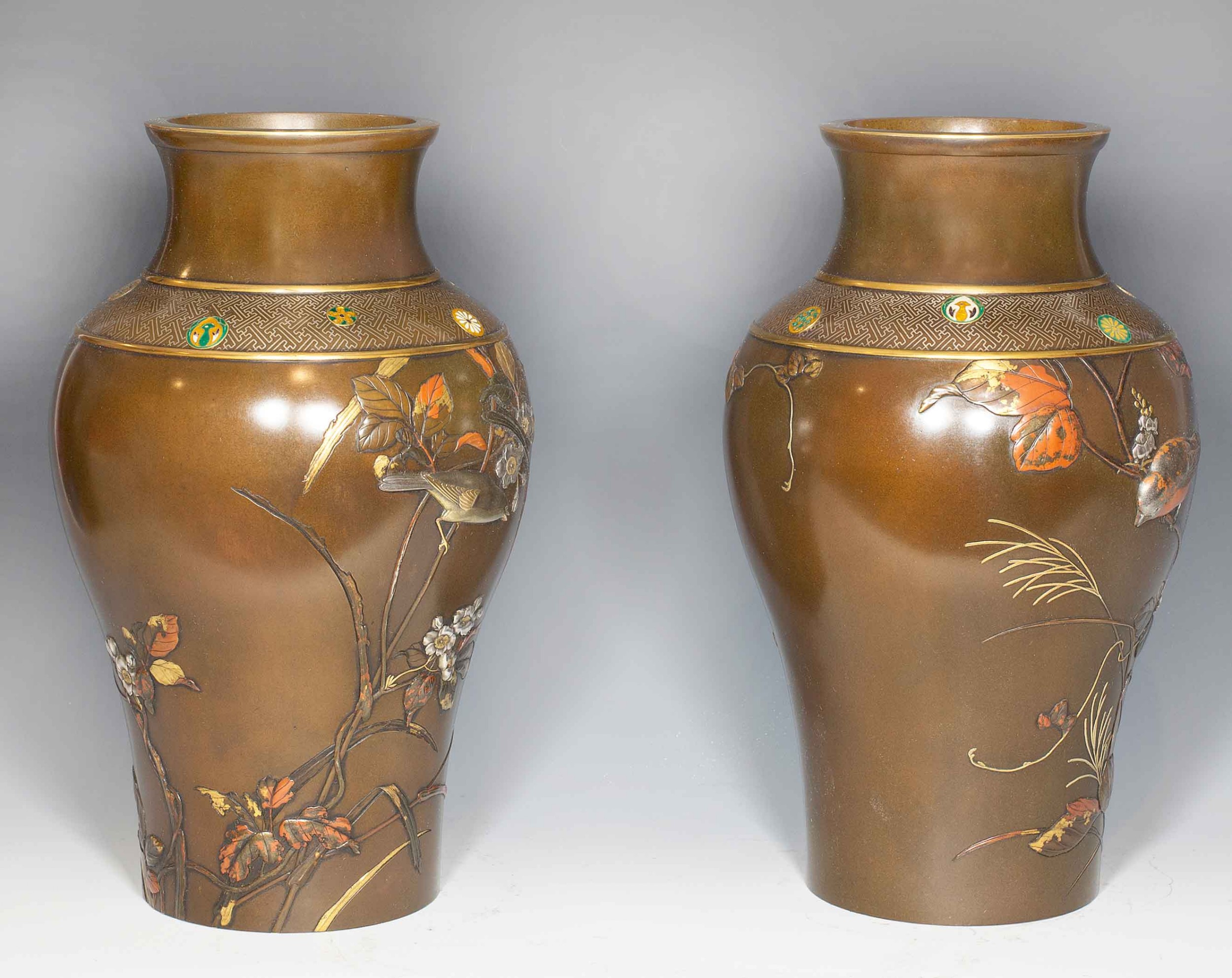 LARGE PAIR OF JAPANESE BRONZE AND MIXED METAL VASES View V