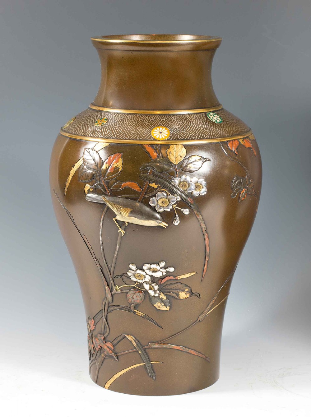 LARGE PAIR OF JAPANESE BRONZE AND MIXED METAL VASES View VII