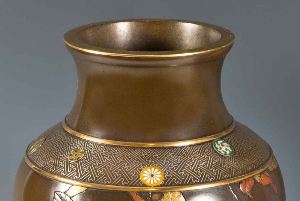 LARGE PAIR OF JAPANESE BRONZE AND MIXED METAL VASES View IX