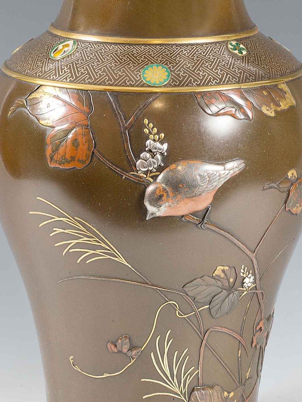 LARGE PAIR OF JAPANESE BRONZE AND MIXED METAL VASES View X