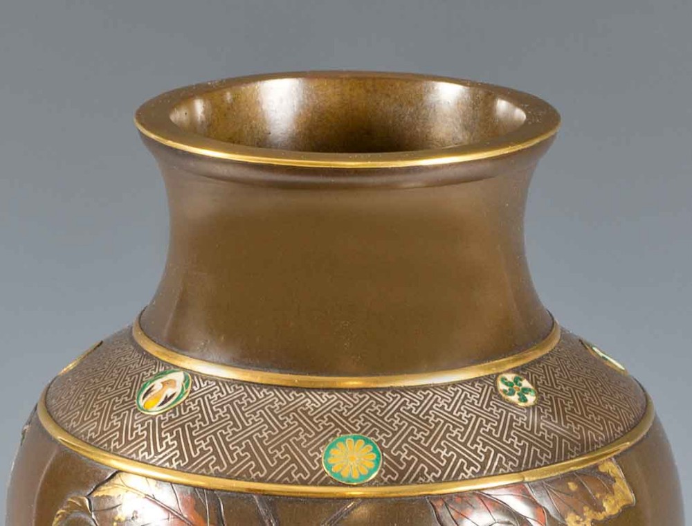 LARGE PAIR OF JAPANESE BRONZE AND MIXED METAL VASES View XIII